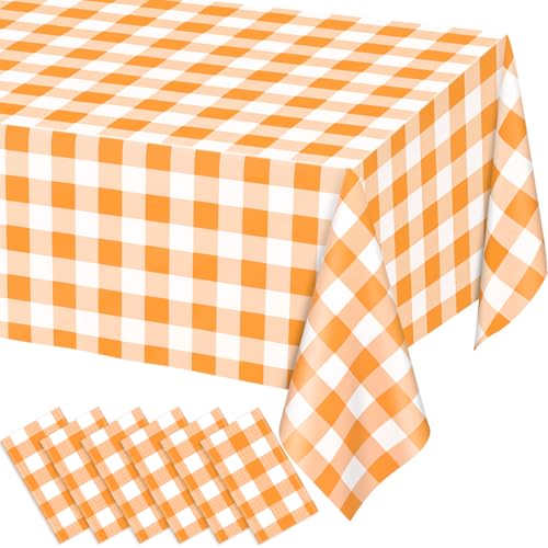 Image of WNINK 6 Pack Orange and White Checkered Rectangular Plastic Tablecloths, Orange Gingham Waterproof Disposable Table Covers 54 inch x 108 inch for Birthday, Wedding, Outdoor Picnic Camping Parties