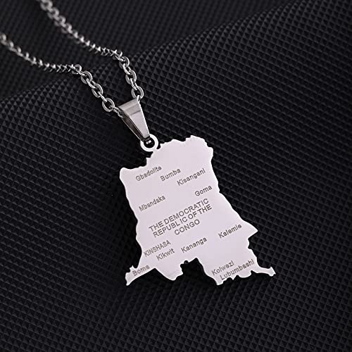 Collier Avec Pendentif Carte De La République Démocratique Du Congo,Joli Collier Avec Pendentif Carte Du Congo Pour Unisexe,Article Patriotique,Bijou De Charme D'Anniversaire Ethnique,Argent,Chaî