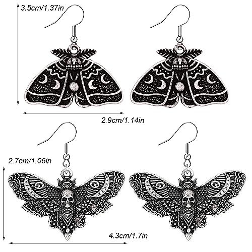 2 Pairs Goth Butterfly Dangle Earrings Luna Moth Earrings Crescent Moon Star Drop Earrings Punk Skull Pendant Earrings for Women - Silver2