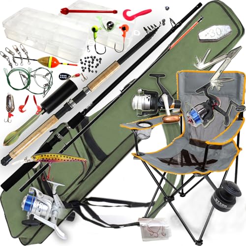 ANGELSET Vario KOMPLETT Set | 2X Angelrute + 3X Rolle + Angelstuhl + Köder-Box für die Angeltasche + Rutentasche 155 cm + Angler-Werkzeug