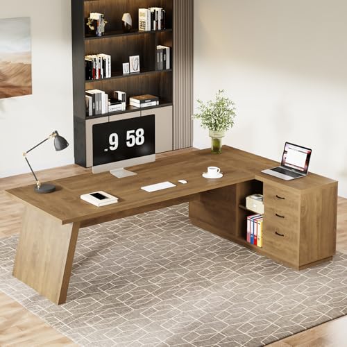 Image of Tribesigns 78 inch L-Shaped Executive Desk, Large Modern Office Desk with Drawers and Lateral File Cabinet, Business Furniture with Storage Shelves, Big Computer Table for Home Office (Brown)