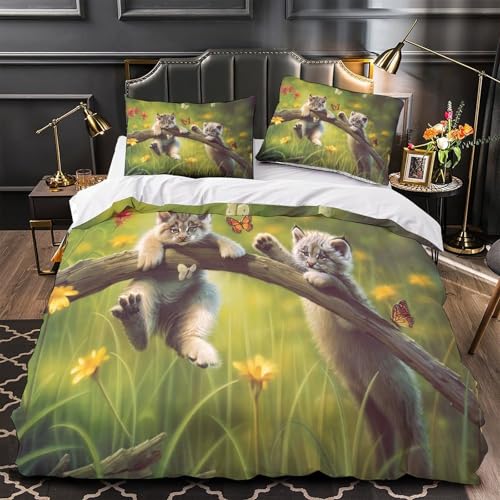 Housse de couette chat 3D douce et résistante en microfibre légère avec fermeture éclair