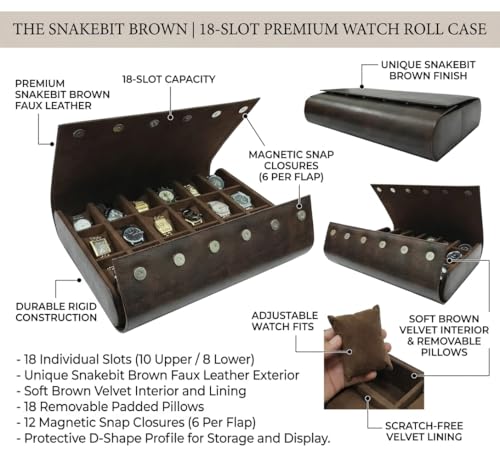 Image of essart 18-Slot Watch Roll Case - Premium Travel Organizer for Watch Collectors, PU Leather Luxury Storage, Portable & Scratch-Resistant (SN-Brown-Color)