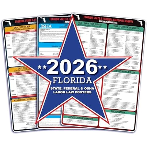 Florida Labor Law Poster 2026 – State, Federal, OSHA Compliant Florida Required Posters 12x18 (3 Pack) Cover