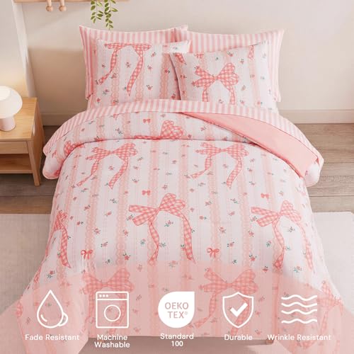 Image of Twin XL Comforter Set with Sheets for Girls-5 Pieces Twin Bedding Sets | Soft Printed Cute Bow Comforter with Pillowcases & Shams, 66 inch X 90 inch
