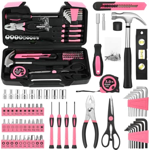 GETFOO 144-Piece General Household Hand Tool Kit with Plastic Toolbox Pink