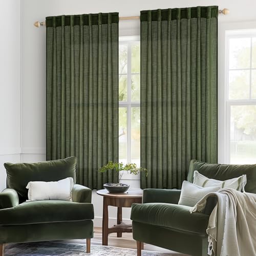 MIULEE Olive Green Linen Curtains 54 Inch Length 2 Panels for Bedroom Living Room, Soft Thick Linen Textured Natural Short Window Drapes Semi Sheer Light Filtering Back Tab Burlap Look Decor