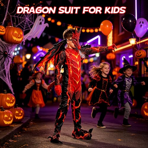 Kids Dragon Costume, Fire Dragon Halloween Costume with Mask, Wings & Tail - image 8