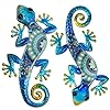 HONGLAND Metal Gecko Wall Art 2Pcs Outdoor Wall Decor Lizard Metal Hanging Wall Decoration Glass Sculpture for Garden Yard Patio Fence Home Blue