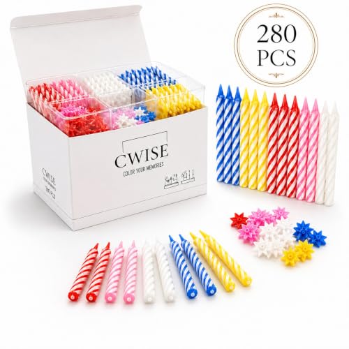 Image of Cwise 280-Count Birthday Candles Bulk Pack with Holders - Spiral Cake & Cupcake Candles - Multicolor Slim Party Candles - Colorful Cake Decorations