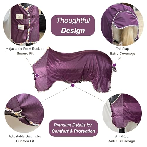 Image of BARN & STABLE Breathable and UV Protective Tear-Resistant Mesh Horse Fly Sheet Comfy Equine Summer Sheet with Removable Web Leg Straps (Dark Purple, 69 in)