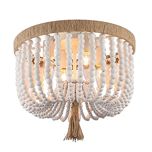 Kaerdi Beaded Light Fixture Flush Mount Ceiling Light White Bohemia Antique Farmhouse Wood Boho Chandelier For Kitchen Island Bedroom Dining Room Entryway Hallway，4-Light #TOP6
