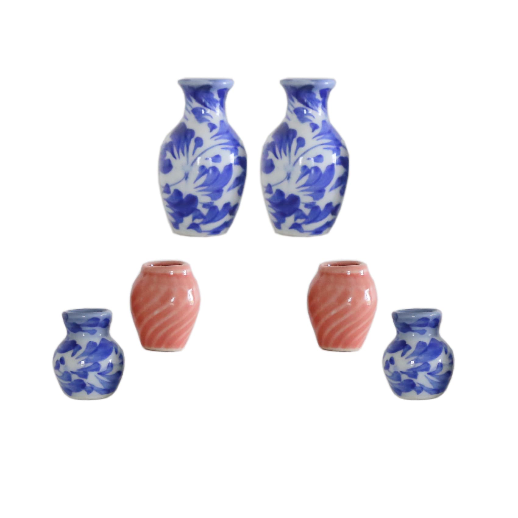Miniature Ceramic Vase Set for Dollhouse Decoration, Assorted Blue and Pink Colors, 6 Piece DIY Craft Display