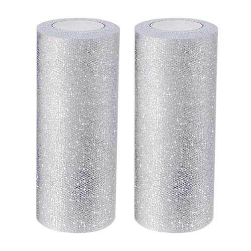 Handi Stitch Rouleau de Tulle (Lot de 2) - 15 cm x 23 m - Ruban de Tulle Argent et Pailleté pour Chemin de Tables, Noeuds de Chaises Mariage/Anniversaire, Jupe de Tutu,...