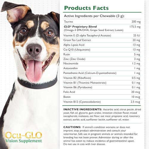 Ocu-GLO Cat & Dog Supplement for Eye Support - Chewable Vision Vitamins Supplements for Small and Medium Pets with Lutein, Omega-3 Fatty Acids, Grape Seed Extract & Antioxidants