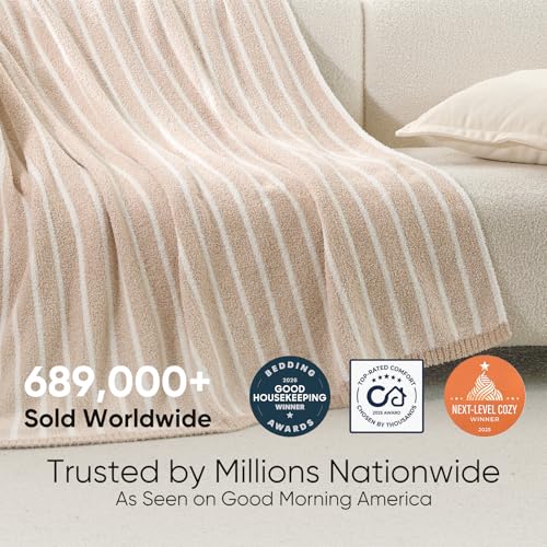 Image of Snuggle Sac Ultra Soft Beige Throw Blanket for Couch, Reversible Cozy Knitted Ribbed Blanket for Sofa, Bed, Home Decor 50 inchx60 inch