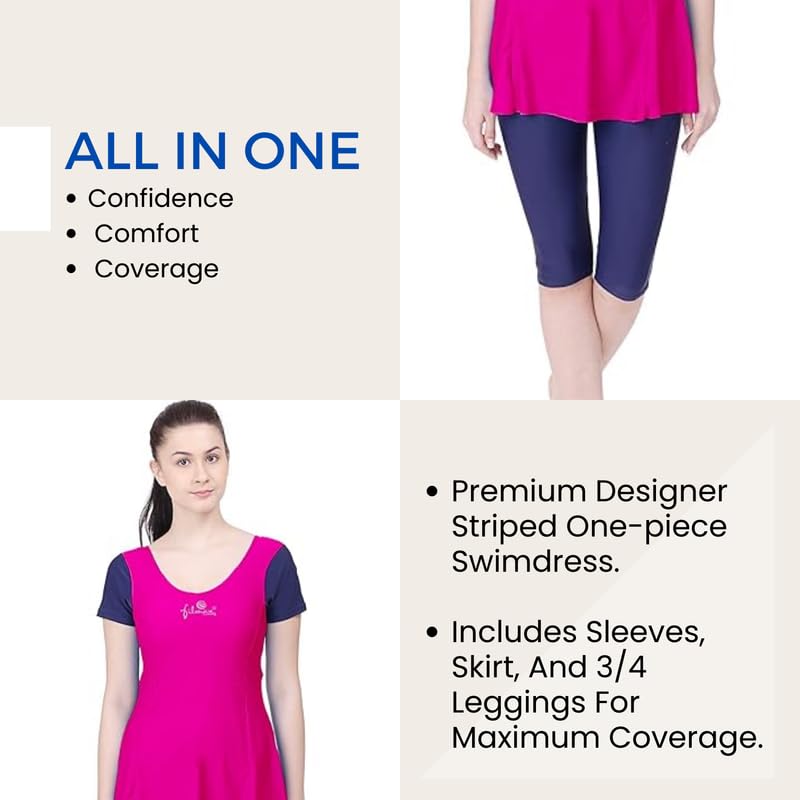 Image of Originals Swimming Costume for Women's One-Piece Beach Wear with Sleeve & Skirted 3 /4 Leggings Maximum Covered Swim Wear Dress (L - 7XL)