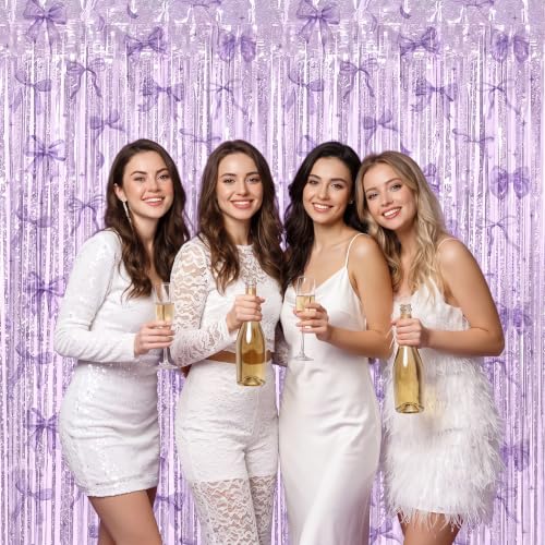 Image of TONIFUL 2Pcs Laser Purple Bow Metallic Tinsel Foil Fringe Curtain Streamers