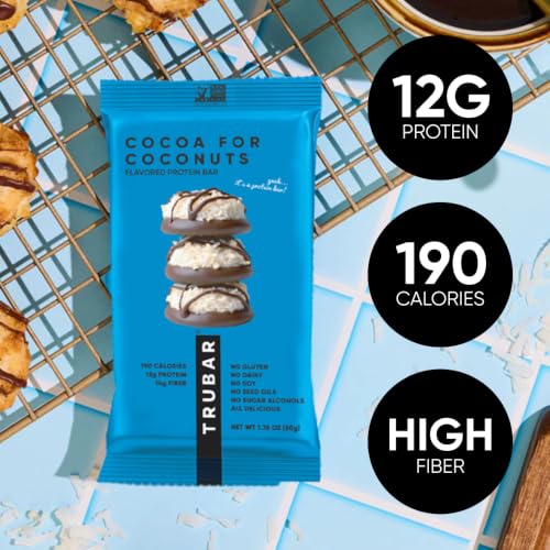 Image of TRUBAR Vegan Protein Bar, Cocoa For Coconuts, Gluten Free, Plant Based Protein, Dairy Free, Non GMO, Soy Free, No Sugar Alcohols, 12G Protein, 12G Fiber, 23G Carb, On the Go Snack Bars, 12ct