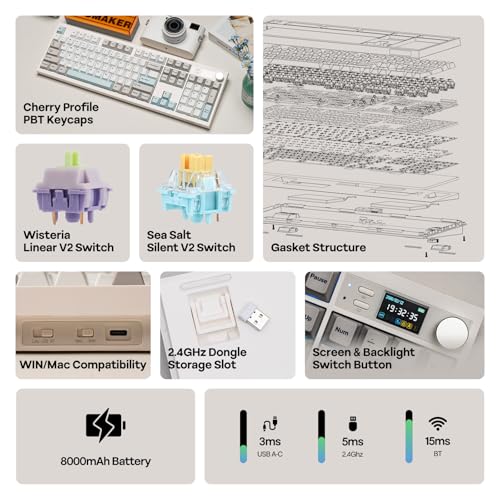 Image of EPOMAKER QK108 Full Size Mechanical Keyboard with Screen & Knob, 8000mAh, QMK /VIA, Creamy&Thocky, Gasket, RGB Backlit, Mac Keycap, Wireless Gaming Keyboard (White Cyan, Wisteria Linear Switch)