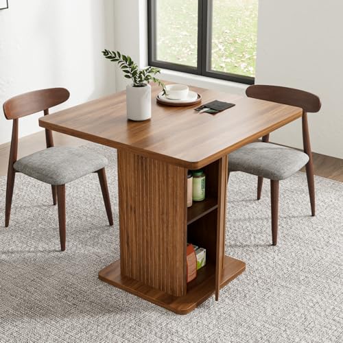 Small Square Dining Table for 2-4 31.5 Inch Farmhouse Kitchen Table with 2-Tier Storage Shelf Modern Wood Dinner Furniture with Fluted Doors Dining Room Living Room Space Saving Walnut