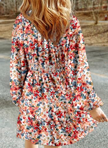 Dokotoo Fall Dresses for Women 2025 Boho Floral V Neck Long Sleeve Smocked Elastic Waist Casual A-Line Mini Dress Sundress2