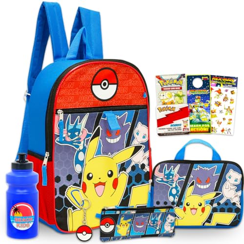 Pokemon Mochila para meninos de 8 a 12 anos – Pacote com mochila de 41 cm, estojo de armazenamento, porta-lápis, garrafa de água, adesivos, mais | Conjunto de mochila escolar Pokemon para crianças