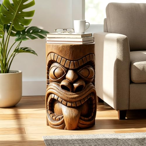 FlowLuxe 19.6 H Tiki Totem Statues - Outdoor Side Table The Grande Tiki God Kanaloa Teeth Fibre Reinforced Concrete Outdoor Decoration for Garden Porch Patio Balcony or Living Room Decor