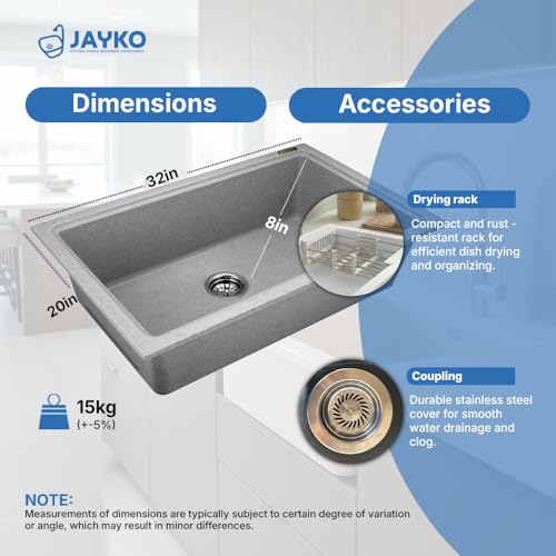 Image of JAYKO Quartz Acrylic Kitchen Sink for Modular Kitchen | Granite Finish, Scratch & Heat Resistant | Easy to Clean & Stylish Sink for Home (BR, 32x20in)