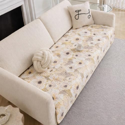Image of HOMETHREADS Anti-Skid Sofa Protector Mat: Premium Printed Cotton Slipcover with Strong PVC Non-Slip Backing, (White Yellow, 1 Seater Large| 90x75cm)