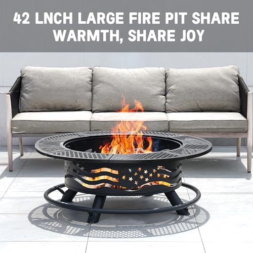 Panovue 42 Inch Fire Pit with 2 Cooking Grates, Outdoor Wood Burning BBQ Grill Firepit Bowl with Cover Lid, Steel Round Table for Backyard Bonfire Patio Picnic (Black, 42) - Image 4
