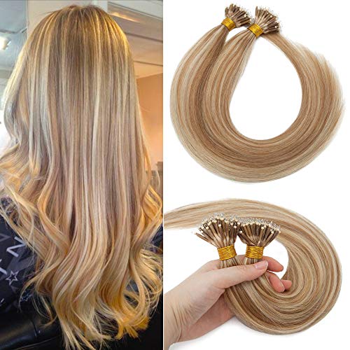 S-noilite Nano Ring Human Hair Extensions 18" Pre Bonded Nano Bead Hairpieces Balayage Cold Fusion Remy Hair 50g 50 Strands For Women #12/613 Golden Brown Highlighted Bleach Blonde