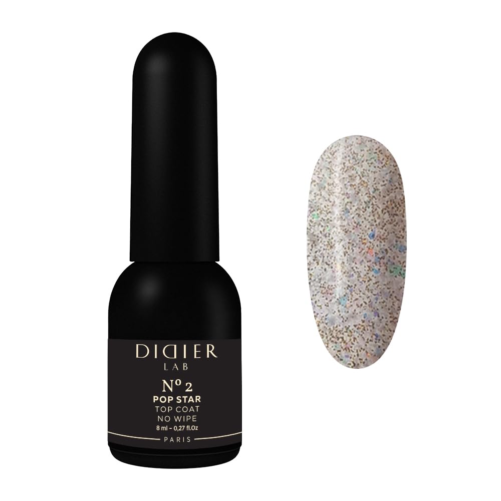 DIDIER LAB - Premium Top Coat Pop Star No2 - Gold No Wipe Top Coat Gel UV - 3in1 Holo Glitzer mit Flash Effekt - Extra Hochglanz - Kratzfest - Kein Dispersionsschicht - 8ml