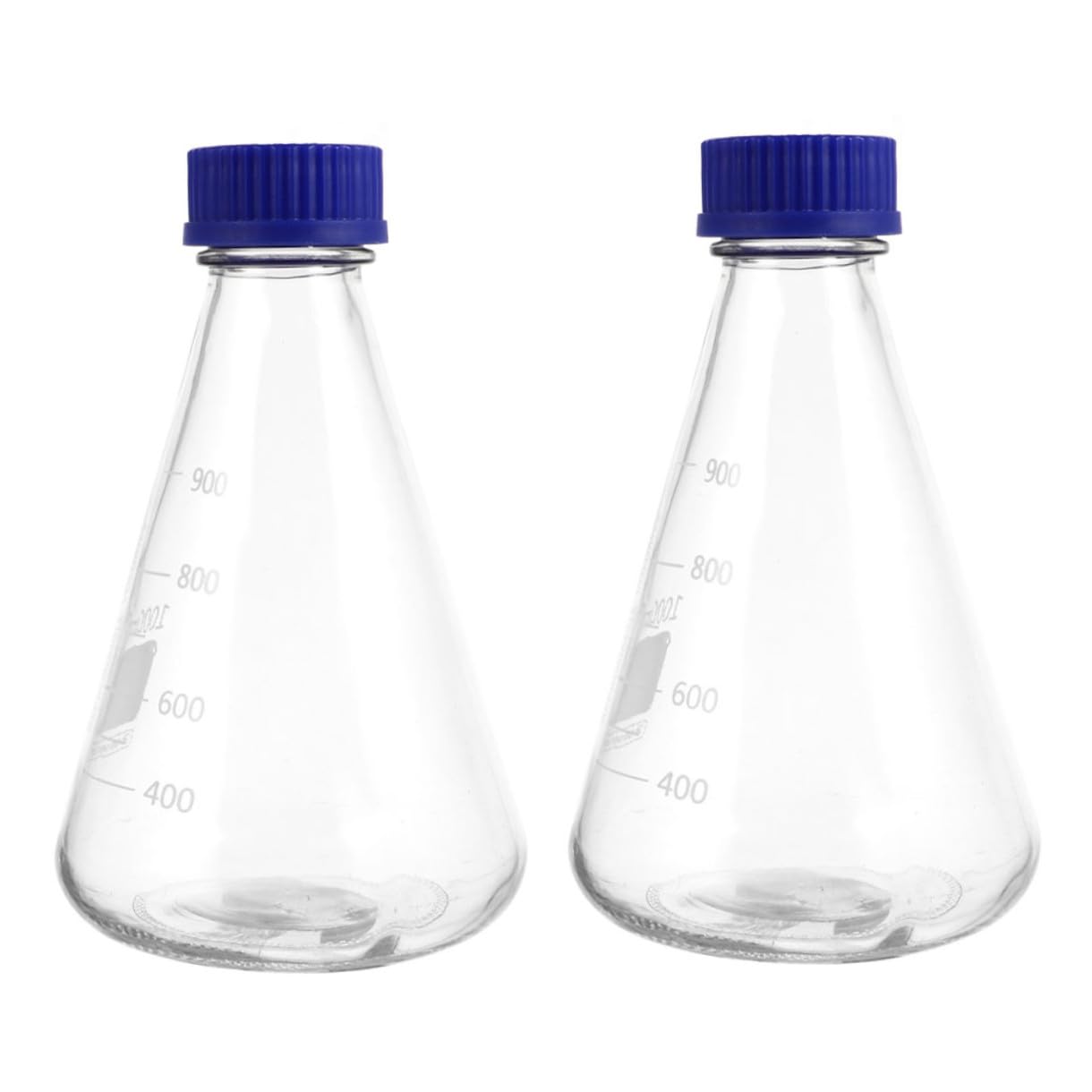 Erlenmeyerkolben Konisch mit Skala 2 Stück aus Glas 1000ml | Blauer Schraubverschluss, Klare Messmarken, für Schule und Forschung, Stabile Standform
