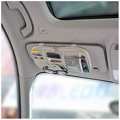 Car Sun Visor Organizer Bag,PU Leather Universal Auto Interior Accessories Pocket Organizer,Multi-Function Registration and Document Holder Pouch,Sunglasses Ticket Documents Pen Card Holder (Gray)