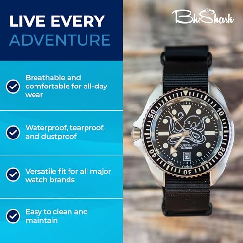Image of BluShark - Original Collection Military-Style Waterproof Watch Strap, Fits All Timepiece Brands, Durable Nylon Wristwatch Accessories with Stainless Steel Buckle - 18mm, 20mm, 22mm & 24mm Watch Bands