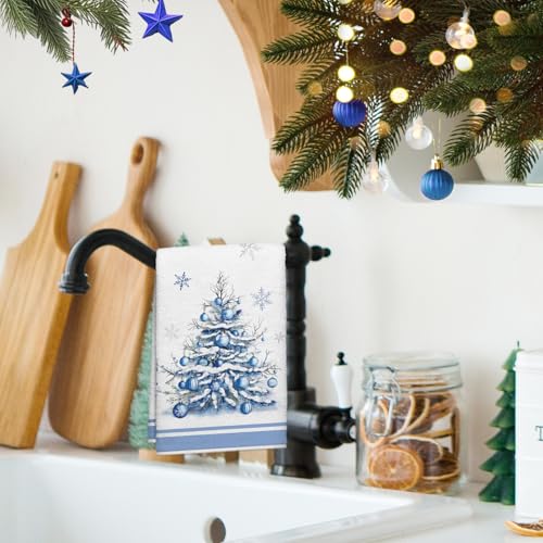 Image of Winter Ball Trees Blue Kitchen Towel Snowflakes Cold Outside Dish Towels Set of 2, Christmas Xmas Seasonal 18 x 26 Inch Hand Towel Quick Drying Dishcloth Decor for Kitchen Bathroom Home