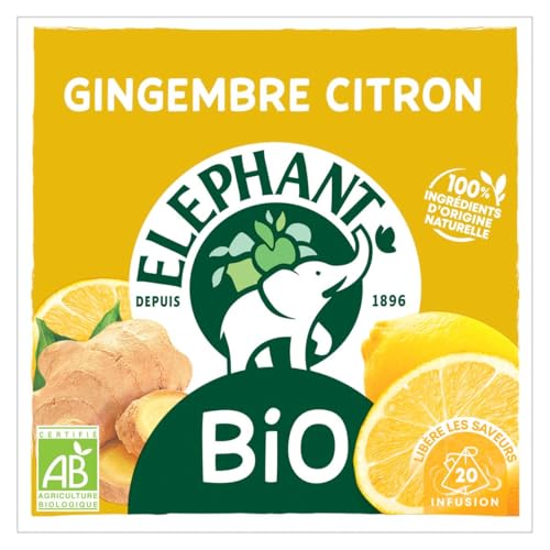 Elephant, Infusion Bio, Goût Gingembre Citron, Fruitée et Gourmande, Ingrédients d'Origine 100% Naturelle, 20 Sachets Pyramid