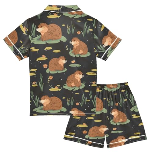 ALAZA Beaver Leaf Blossom Satin Pajamas Set Short Sleeve Button Down Sleepwear Summer Pjs 2 Piece2