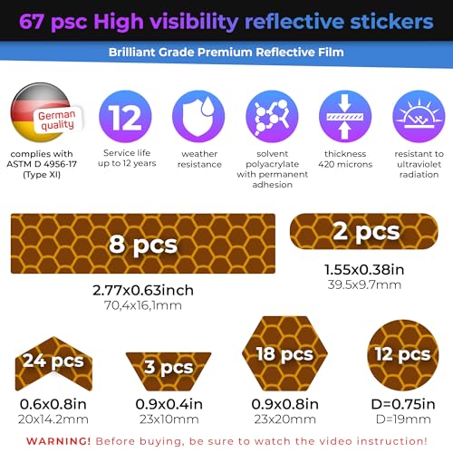 Image of LOOM Reflective Stickers | 67pc Brilliant YLW | Reflective Stickers for Helmet, Bike, Motorcycle, Hard Hat | Waterproof Reflectors for Car, Trailer | Bike Reflectors for Night Riding