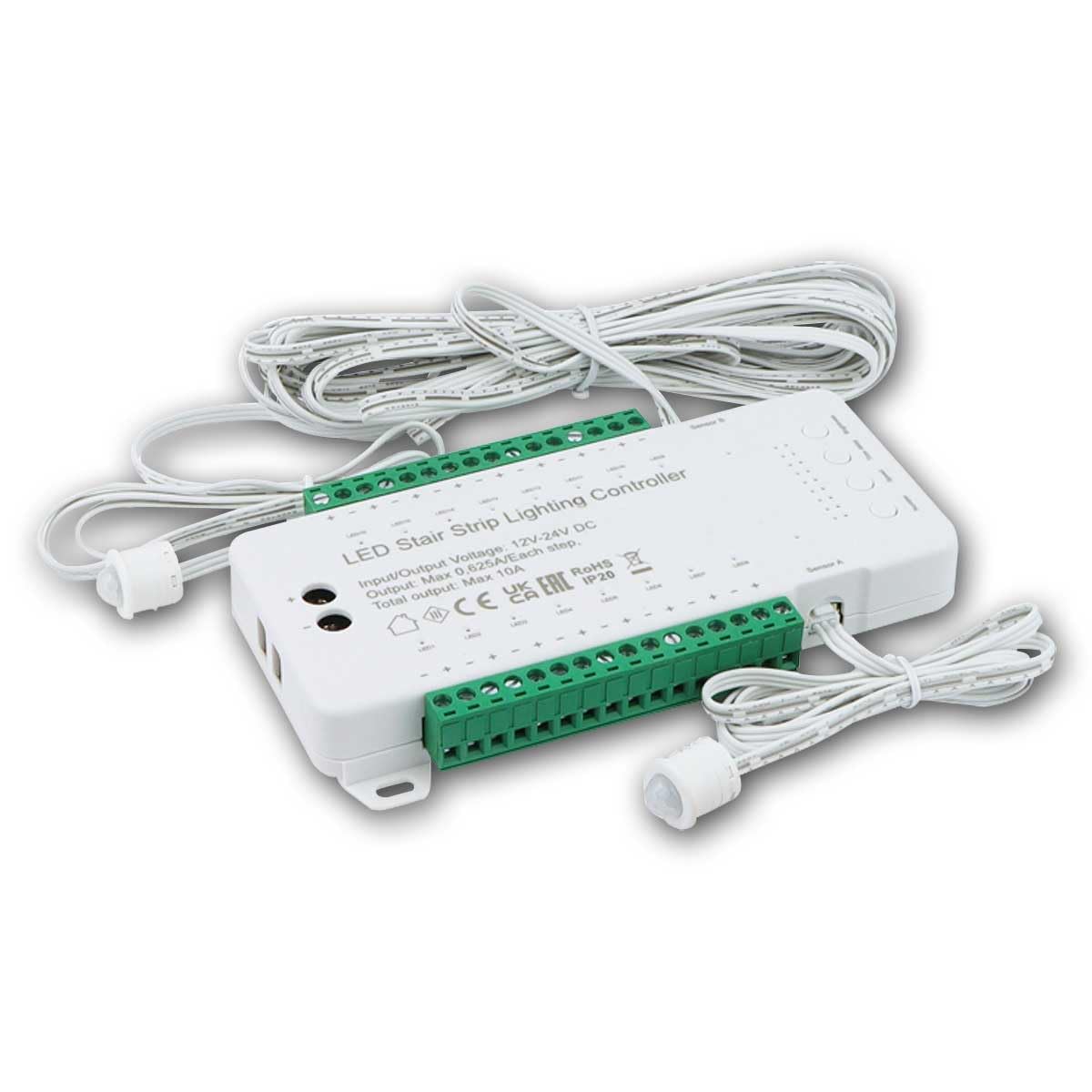 STEP Treppen-Stufen-Controller mit 2 PIR Sensoren | Automatische LED-Treppenbeleuchtung für bis zu 16 Stufen | 12V/24V DC | Einstellbare Helligkeit, Geschwindigkeit & Verzögerung | Weiß