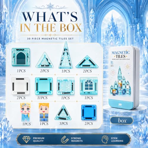 Image of Mini Magnetic Tiles 30PCS Ice Castle Building Set for Kids Ages 3+ | travel friendly,ice castle magnetic tiles, mini 30pcs set, safe abs, strong magnets, stem pretend play toy for kids 3+