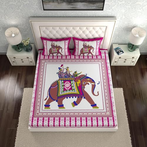 Image of La Verne 104 TC Cotton Double Bed Bedsheet Jaipuri Rajasthani Print Bedsheet with 2 Pillow Covers
