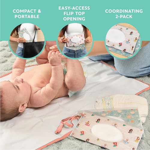 Image of Disney Baby by J.L. Childress Reusable Wet Wipes Case Pouch - Refillable Baby Wipes Dispenser, Travel Essential for On the Go, Portable Holder with Wrist Strap - Princess, 2 Pack