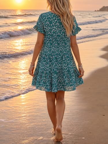 Image of Chuanqi Womens Ruffles Boho Floral Printed Babydoll Loose Swing Casual Short Mini T-Shirt Dress