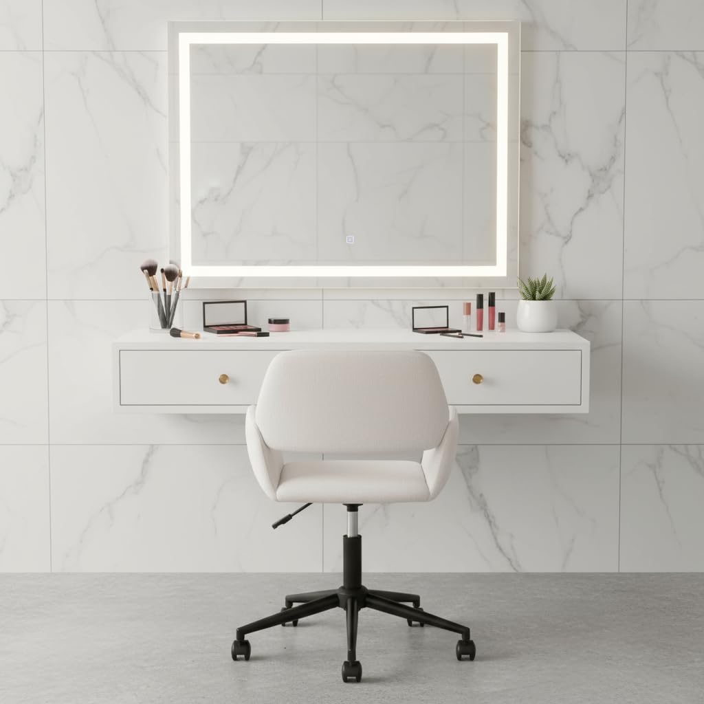 FurnitureR Sedia da trucco girevole, seduta da camera regolabile in altezza, seduta cava ampia e traspirante, sedia da vestire girevole a 360°, tessuto beige moderno, 56 x 55 x 75-85 cm