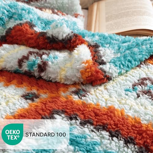 CASAAGUSTO Boho Sherpa Blanket,Teal Aztec Twin Blanket, Ultra Soft, Warm, Cozy, Plush, Thick Fleece Western Blanket for Couch, Bed, Sofa (Aqua 60 * 80 Inch)