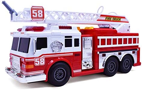 VEBO Fire Truck Motorized with Lights, Siren Sound, Working Water Pump and Rotating Rescue Ladder- Electric, Motorized, Big Fun Size 15", Realistic Design- for Toddlers, Kids Aged 3+ Years Old