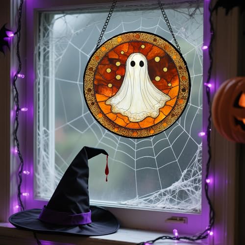 Image of Stained Glass Window Hanging - Halloween Decorations White Ghost Suncatcher for Doors Garden Indoor Spooky Funny Orange Sun Catchers Gothic Decor Horror Gifts for Women Men Friend 9.8 in