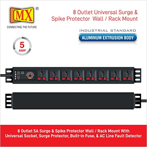 Image of MX Universal Socket Extension Board - 8-Outlet Power Strip with Child Safety Shutters, Wall & Desk Mount, Heavy-Duty Aluminum Body, 1.5M Cable, Surge & Spike Protection